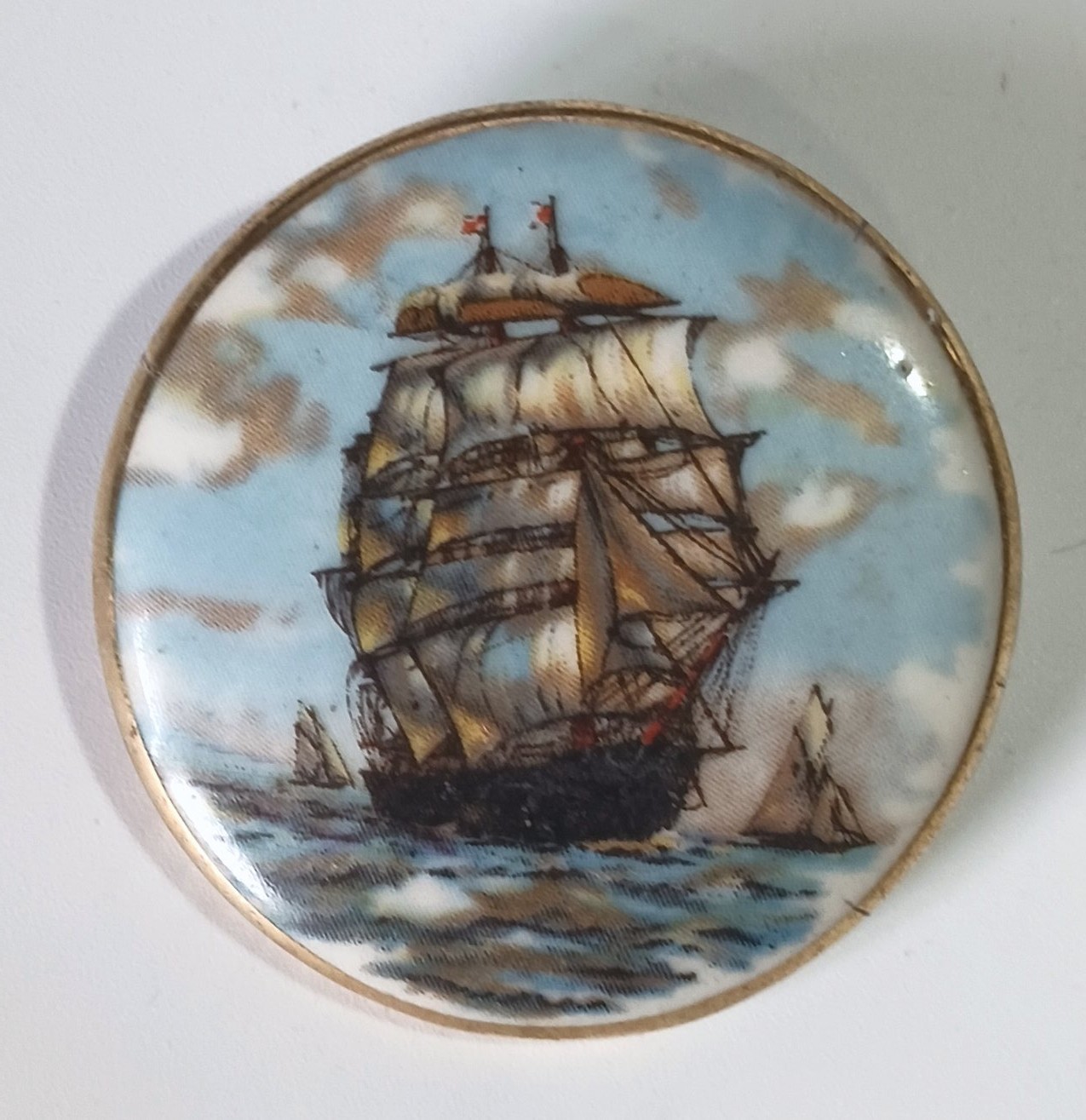 Vtg (Antique?) Painted Porcelain Brooch 1-5/8″ w/ Clipper Ship Under Full Sail