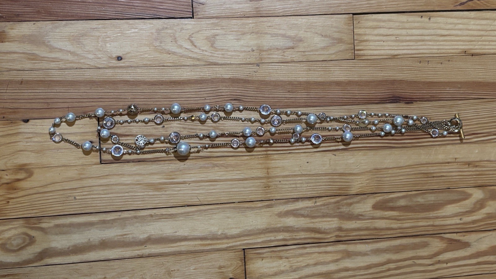 Vintage Signed Henri Bendel 2 Strand Faux Pearls Crystal Station Necklace 42”