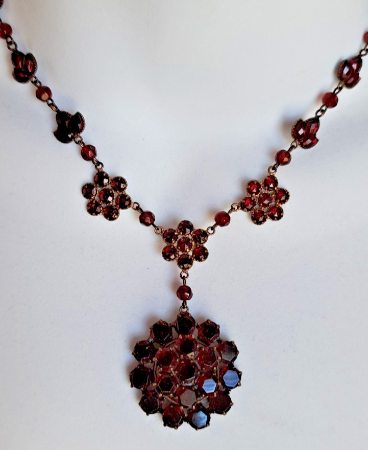 GARNET NATURAL GENUINE 118 GEMS BOHEMIAN 18″ PENDANT NECKLACE VINTAGE #708