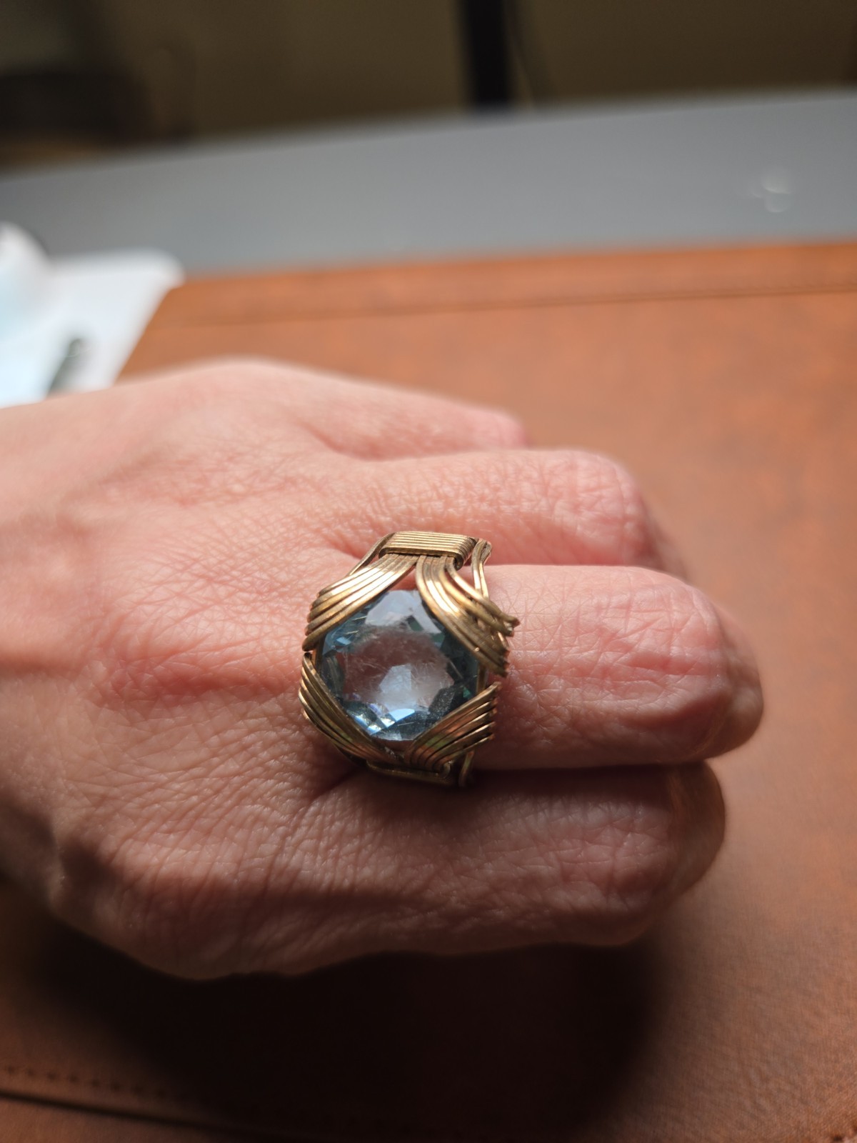 Art Deco Style Gold (Untested) Wire Ring Large Blue Glass Stone