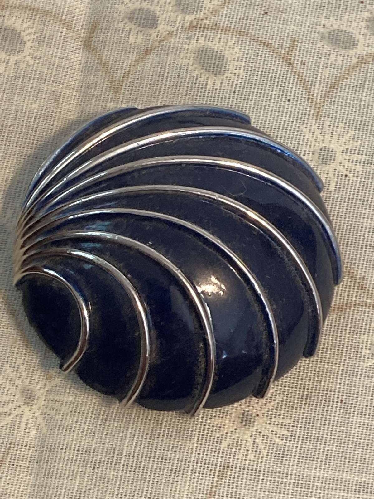 Enameled OLD vintage Navy Blue & Silver tone Dome pin brooch jewelry 1.53″