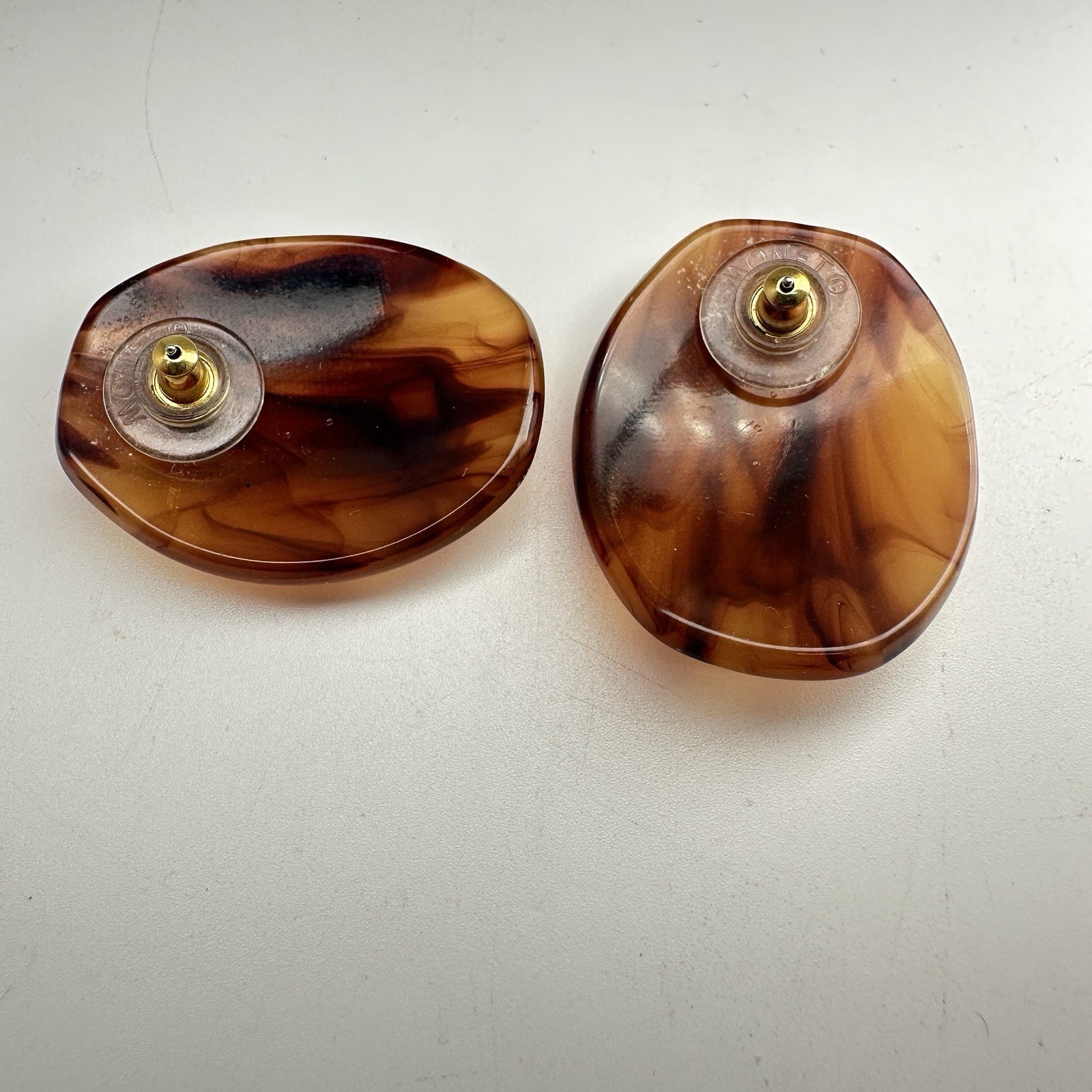 Monet Tortoise Shell Acrylic Stud Earrings Vintage Style Logo Signed
