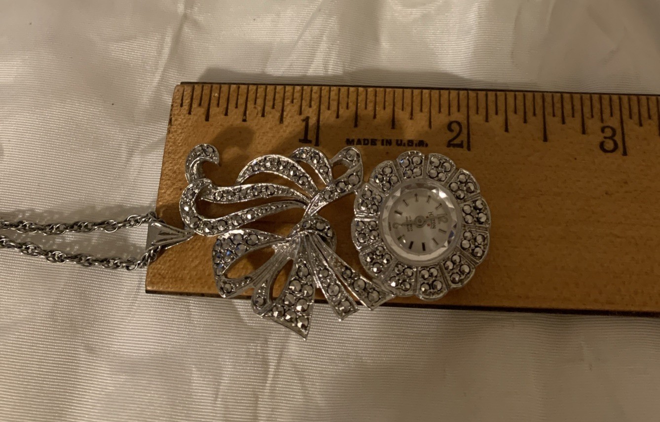 Vintage Hilton Watch Necklace 24.5” Pendant Manual Wind Marcasite Silver Tone