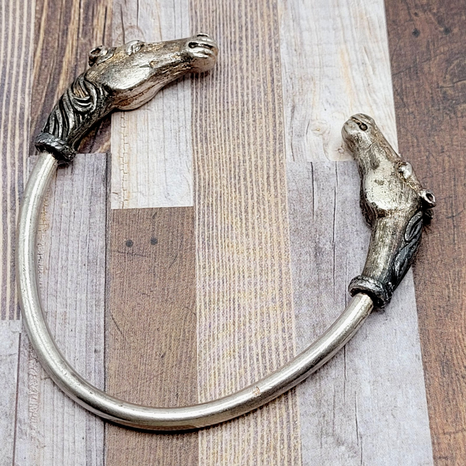 Double Horse Head Pewter Plated Copper w Patina Vintage 70s Torque Cuff Bracelet