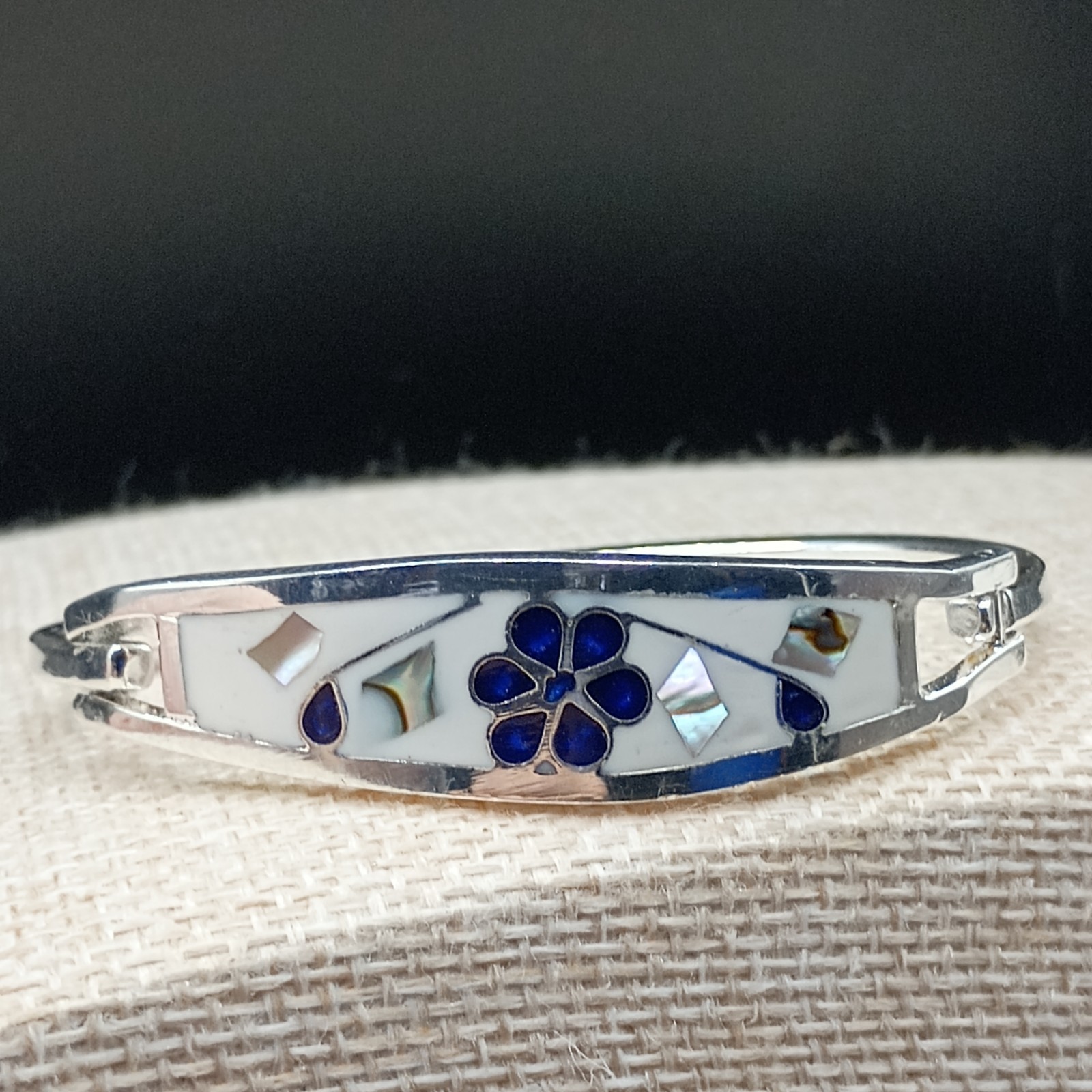 Alpaca Mexico Silver Cuff Bracelet Blue Lapis Abalone Inlay Flower 6.5″ Unworn
