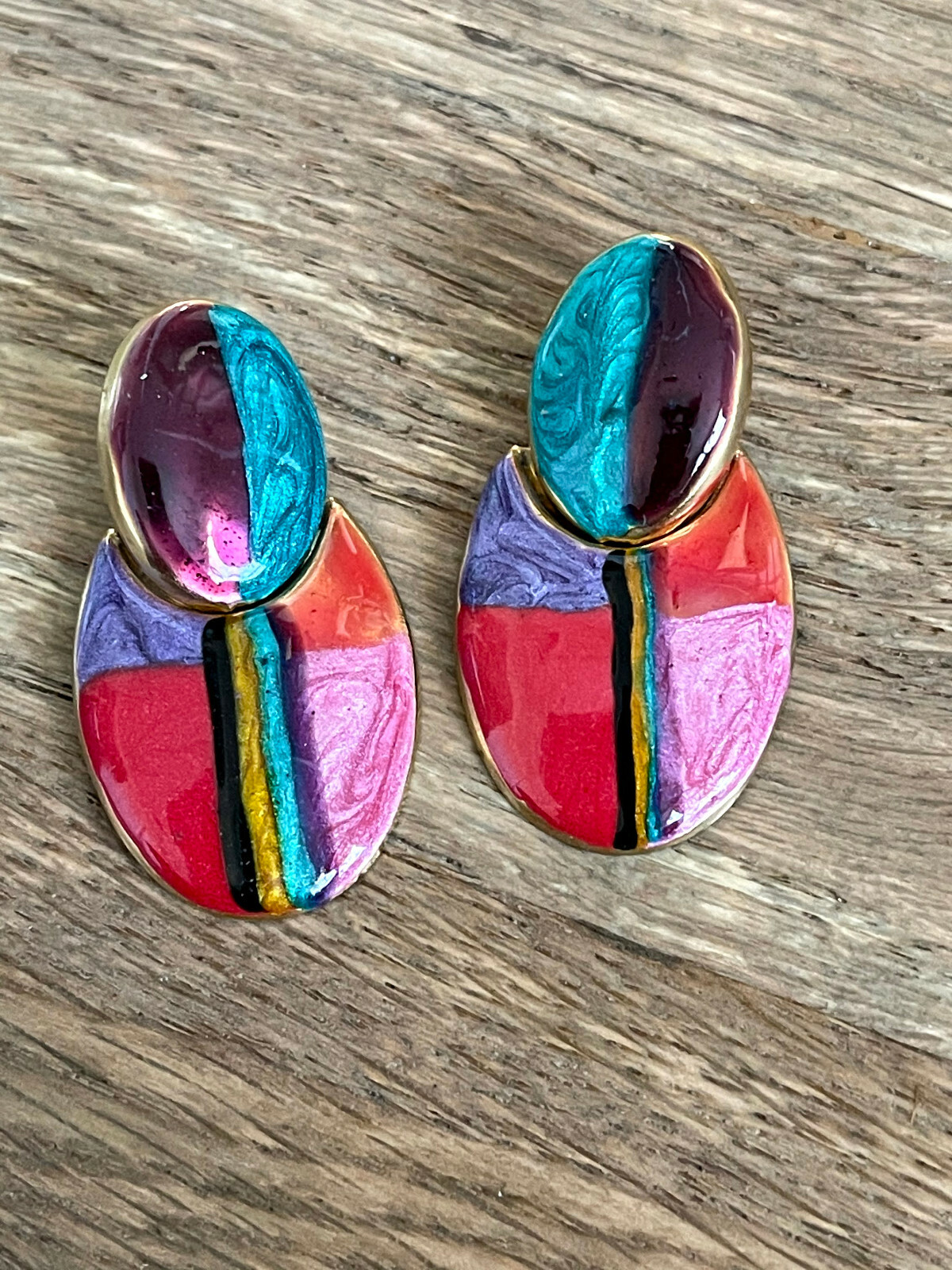 Vintage Dangle Piereced Ear Gold Retro Earrings Metallic Paint Mod 60s 80s