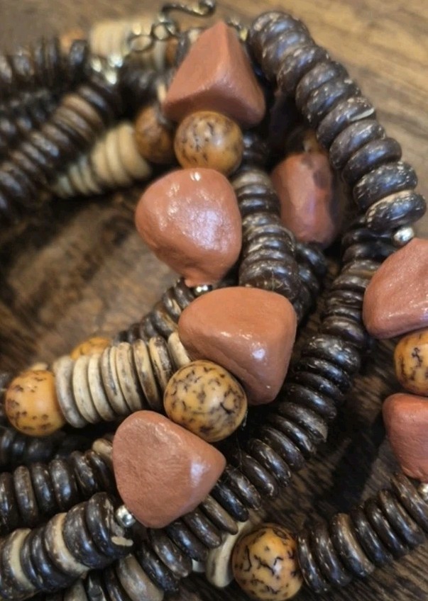Vtg Artisan Handcrafted Triple Strand Earth Tone Beaded Necklace, Hook Closure