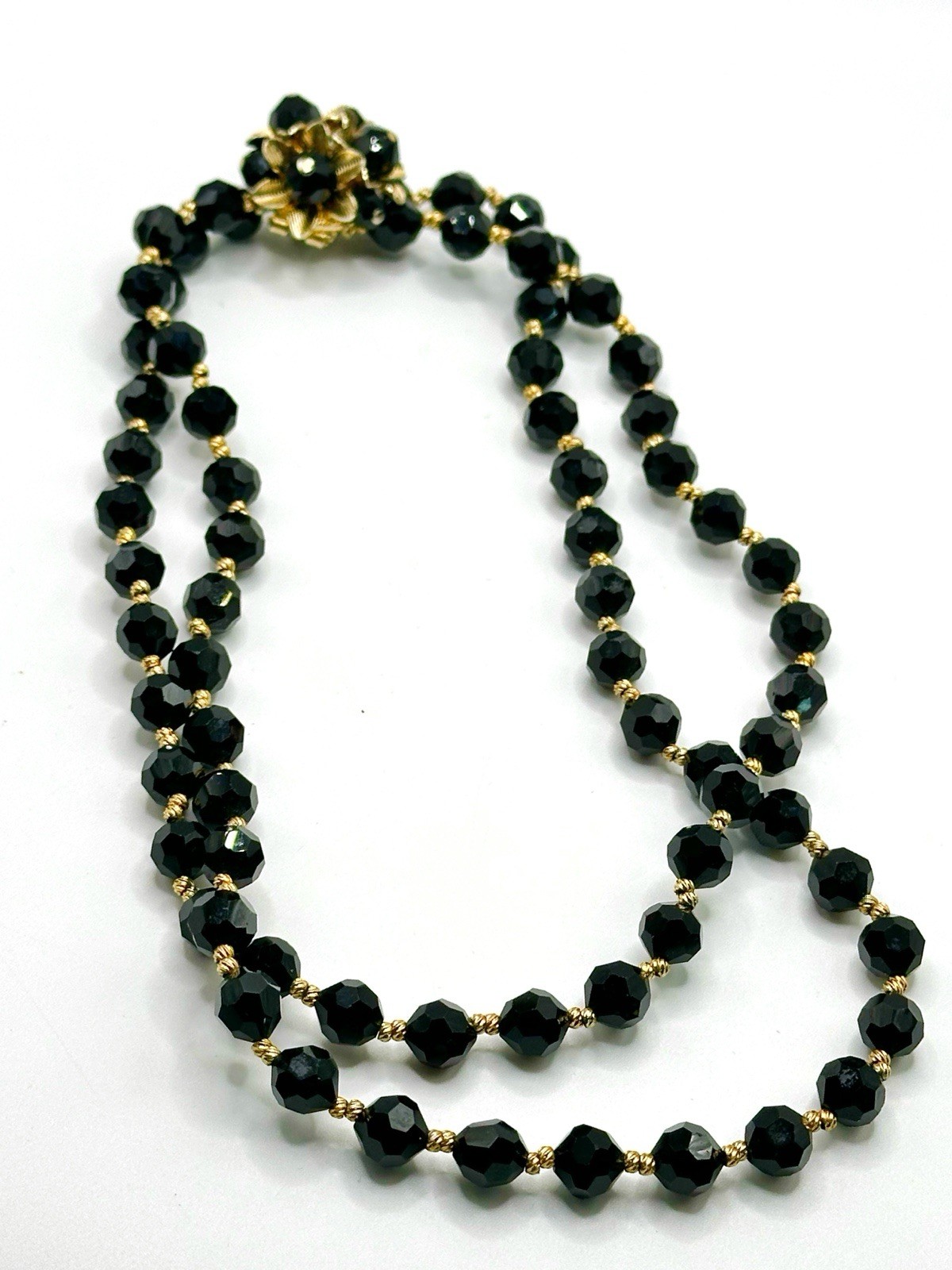 Vintage Black Glass Bead Convertible Necklace 31”