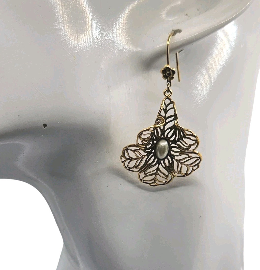 Vintage Gold Tone Filigree Faux Pearl Earrings Dangle Pierced`Hook Bell Flower