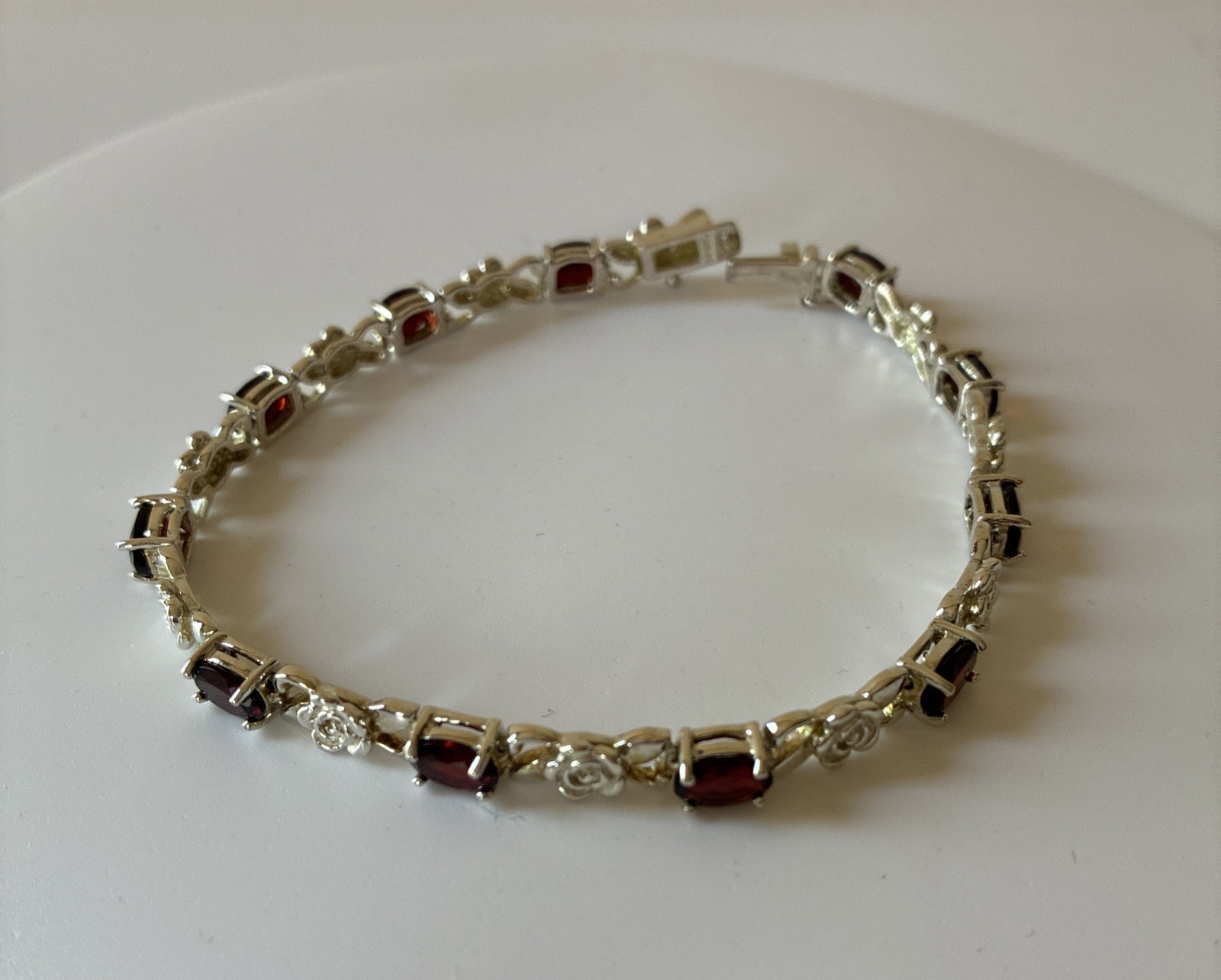Vintage 925 Sterling Silver Red Garnet Gemstone Floral Link Bracelet