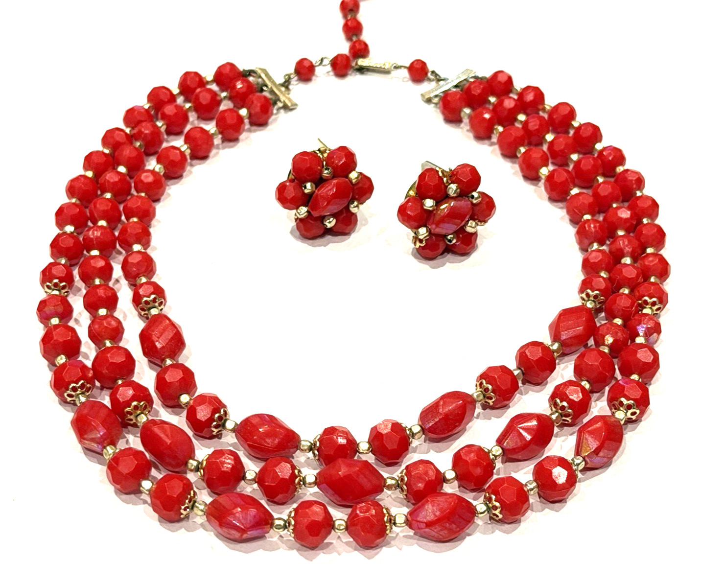 HONG KONG RED LUCITE GOLD BEADS 3 STRAND NECKLACE CLUSTER CLIP EARRINGS SET MCM