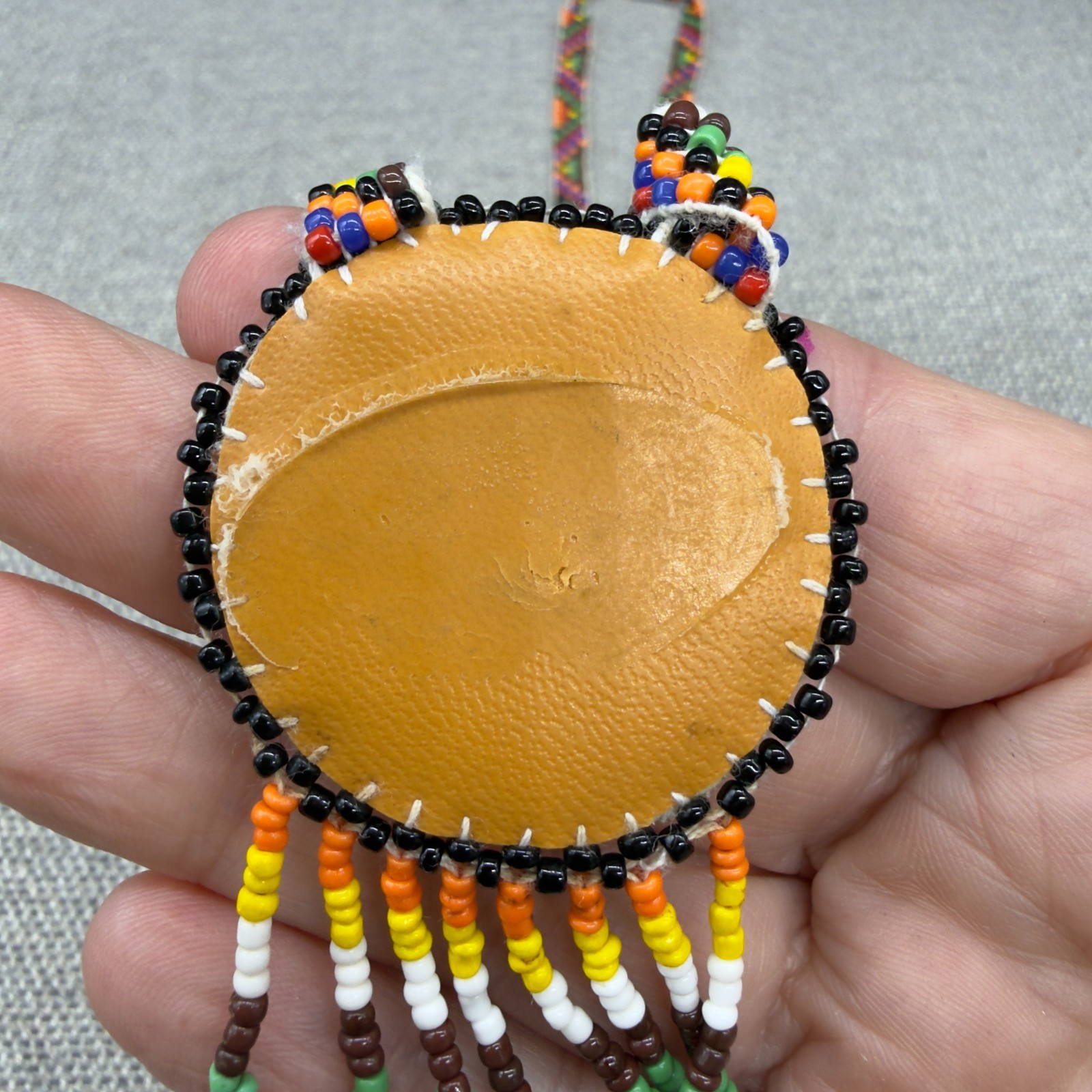 Vintage Necklace Colorful Seed Beads Leather Backed Pendant 22 Inches Southwest