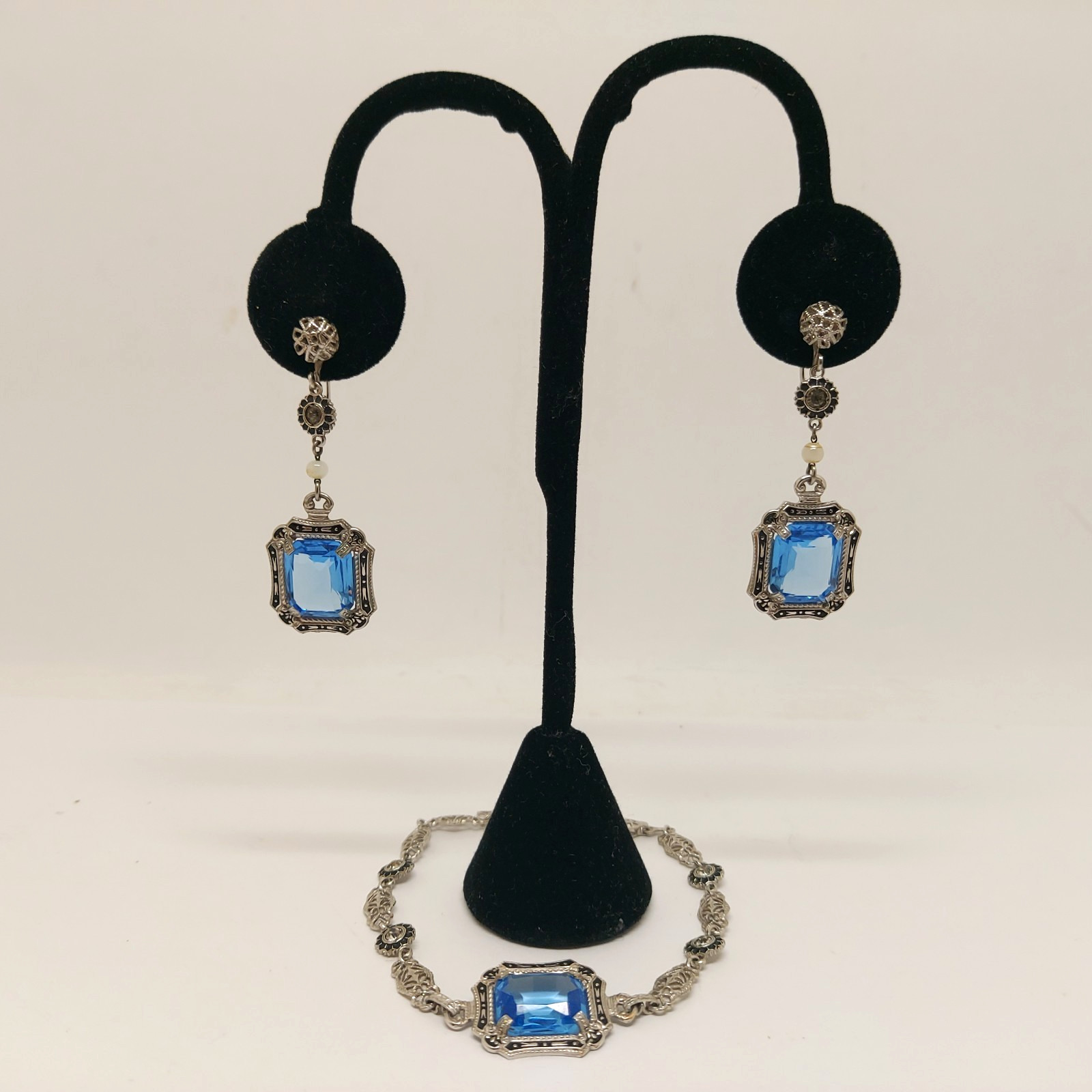Antique Art Deco Blue Faceted Glass Ornate Filigree Bracelet & Earrings Set