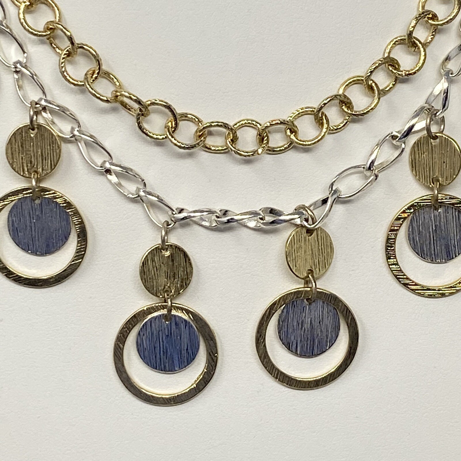 Fringe Disc Necklace Two Tone Gold Silver Layered Brushed Chain Collar Bib 18″
