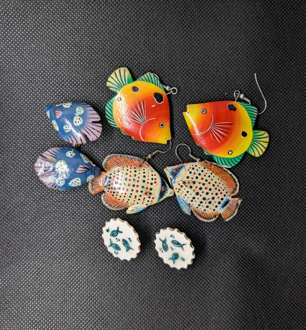 LOT 4 Pair Vintage Fish Earrings – Clip-on & Hook – Hand-Painted Wood & Ceramic