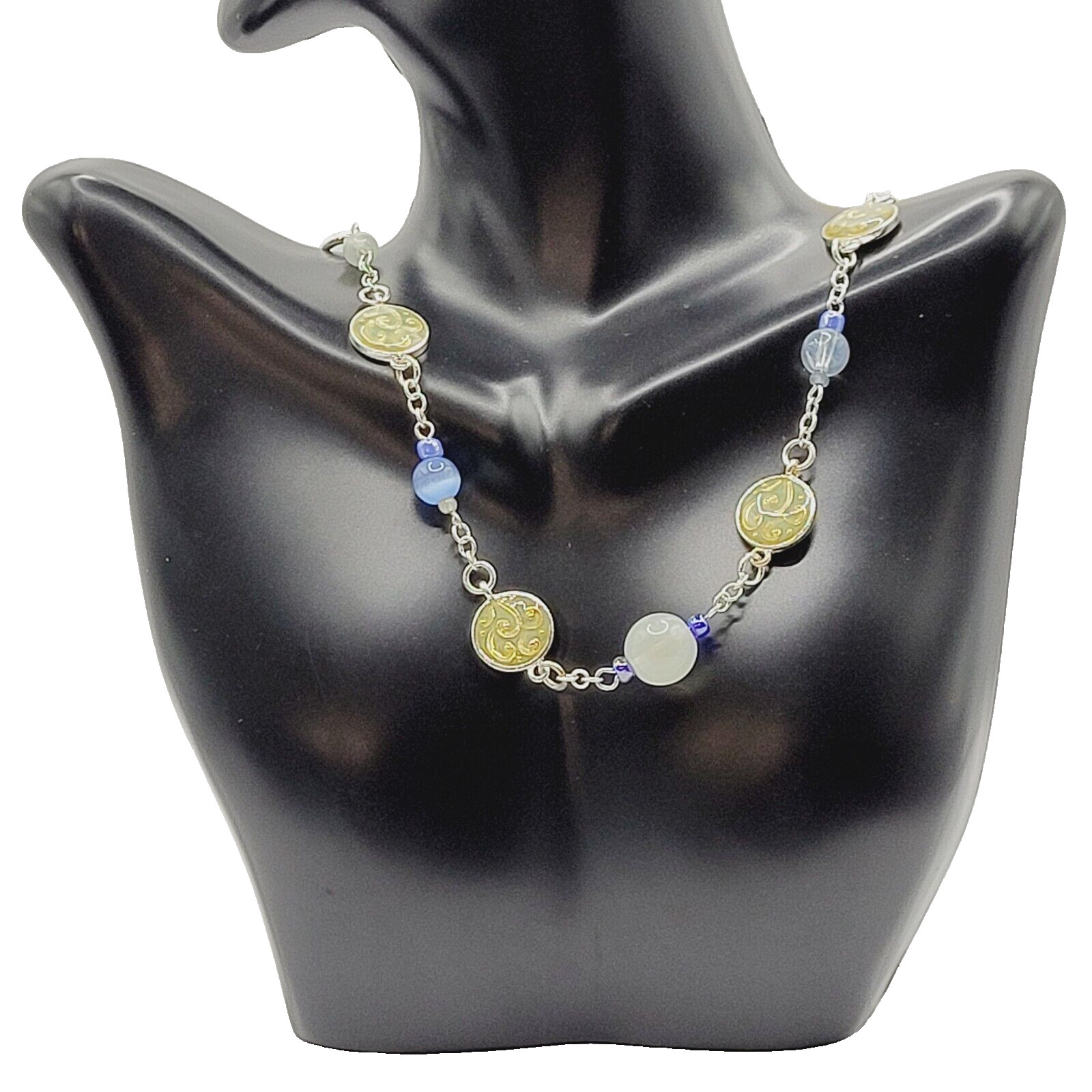 Blue & White Moonstone with Glass & Enamel Silver Tone Chain Necklace KR 24 Inch