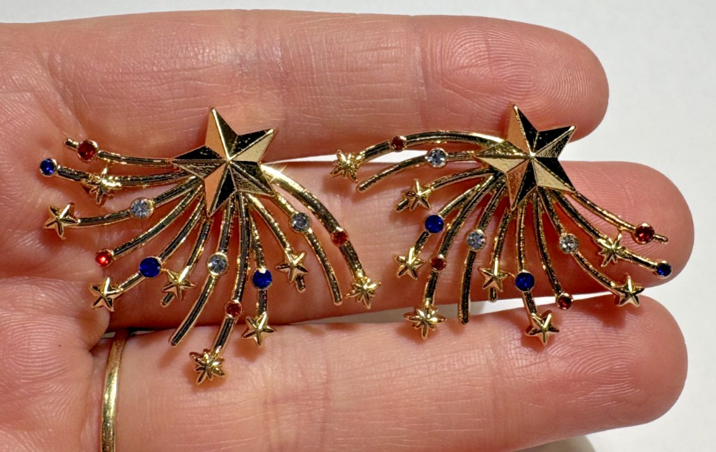 NEW Sugarfix USA Red Blue Rhinestone Fire works Star Stud Gold tone Earrings
