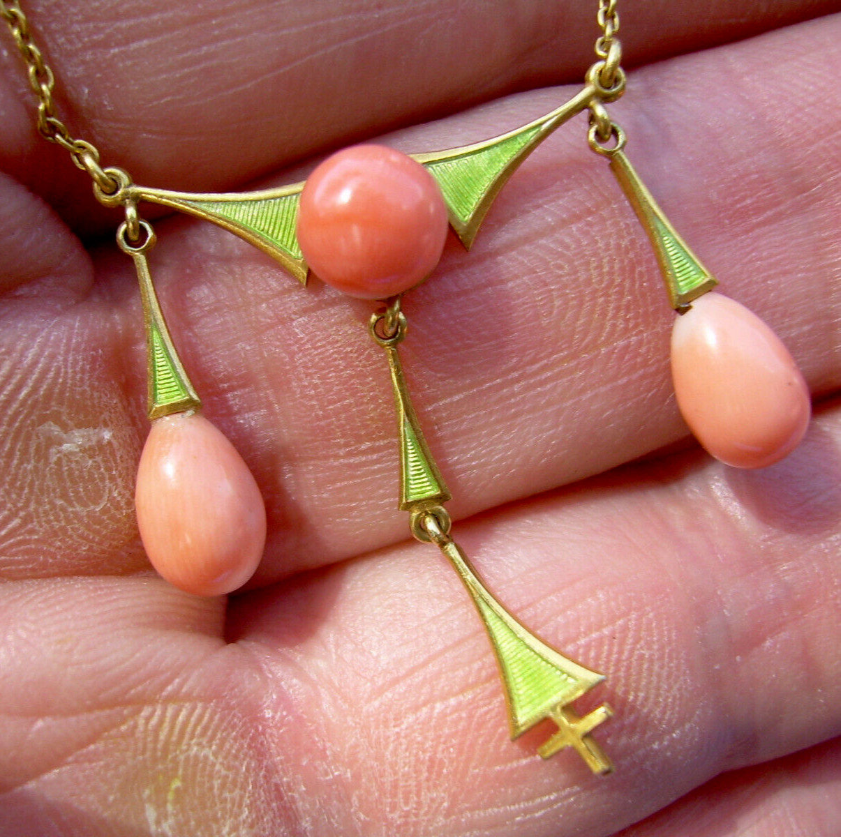 ORIGINAL Art Deco Coral Guilloche Enamel Necklace Solid 14K GOLD 18″ inch Chain