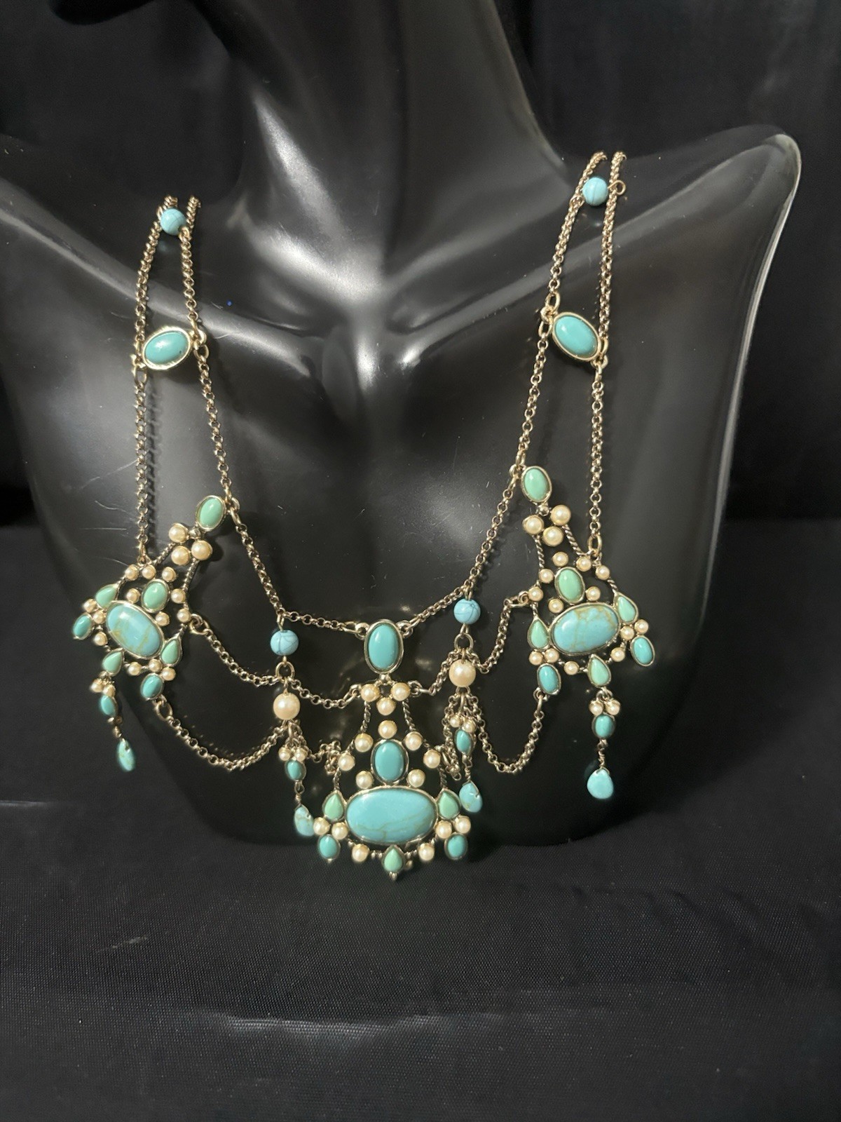 Monet Festoon Necklace Gold Tone, Faux Pearl Victorian Revival Design 15”