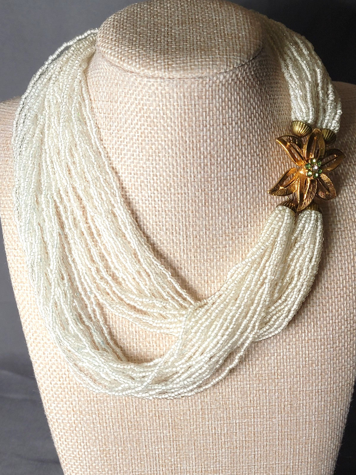 Vintage Glass Seed Bead White 18 Multi Strand Floral Hook Closure 16 inches