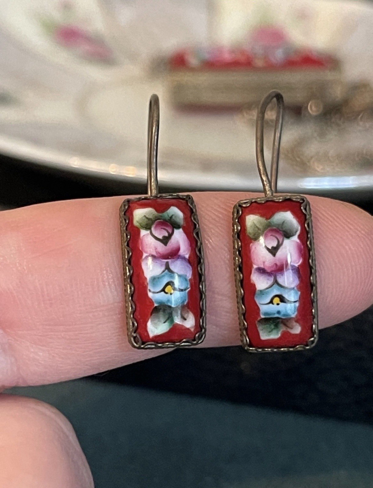 Vintage Russian Finfit Hand Painted Enamel Pillbox Locket & Earring Set