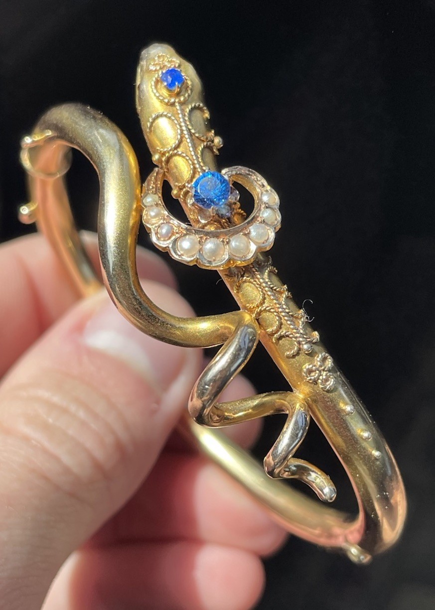 ANTIQUE VICTORIAN ESTRUSCAN SOLID GOLD SNAKE BANGLE BRACELET! 17GR!