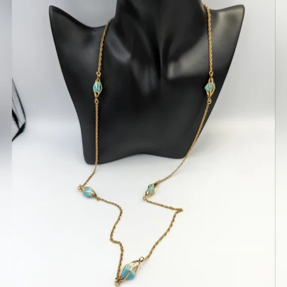Vintage 12K Gold Filled Caged Polished Nuggets Blue Beryl Stations Necklace