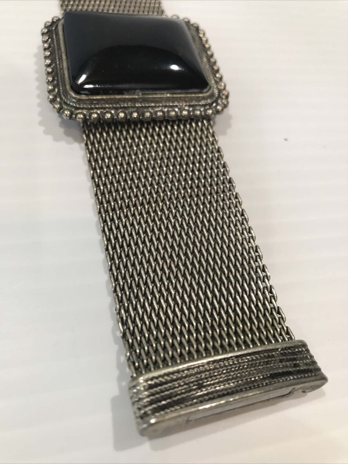 Chunky Vintage Look Silver Tone With Black Central Stone Art Deco Mesh Bracelet