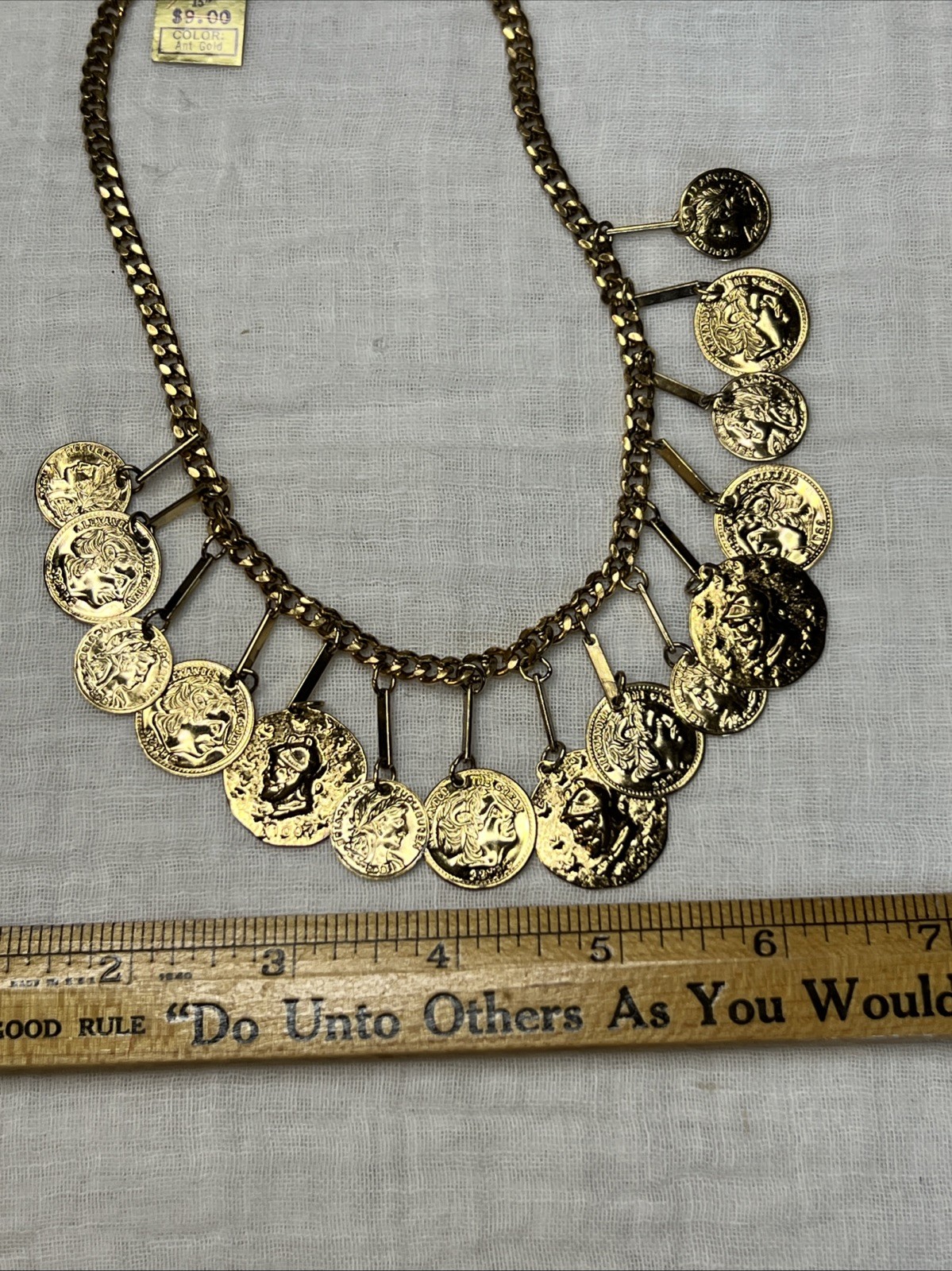 VTG NWT Crown Trifari Jewels Antique Gold Roman Coin Bib Necklace 15” 1978-85