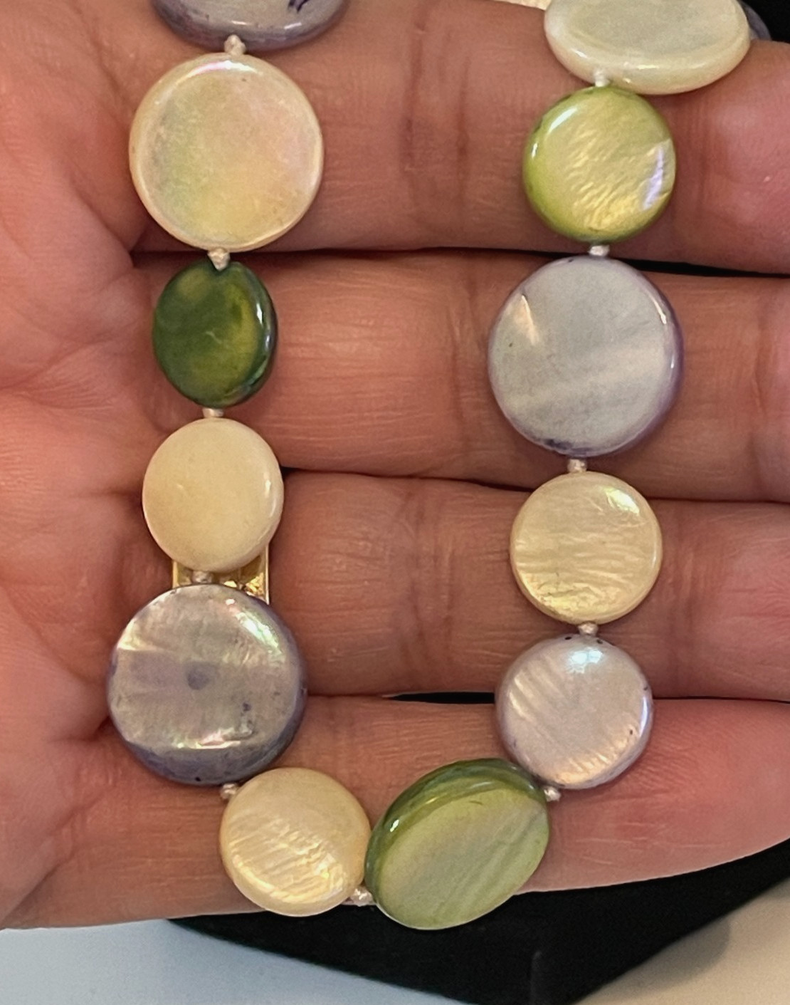 Mother of Pearl Long Necklace Round Disc Ivory Green Purple Knotted Spring 52″