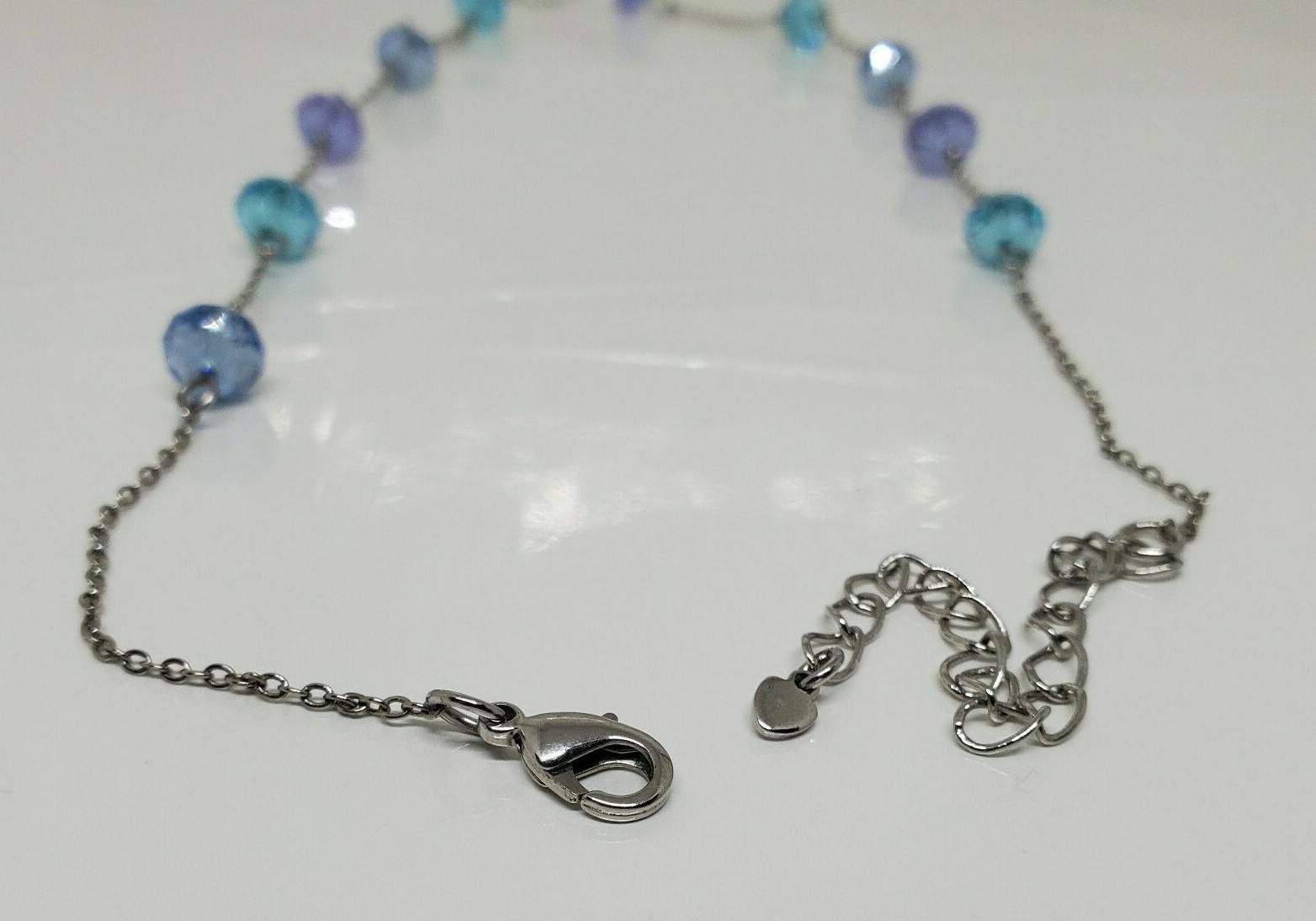 Vintage Beaded Purple Blue Necklace Rhinestone Silver Tone 18″ Adj