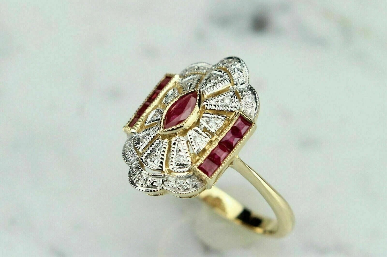 2.85Ct Art Deco Style Red Lab Created Ruby Engagement Wedding 14K Gold FN Ring