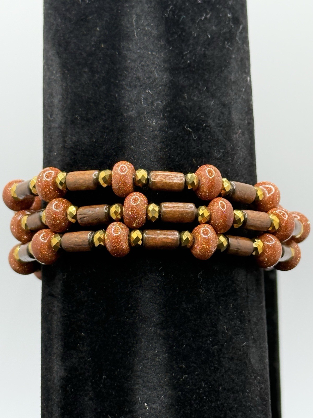 Vintage Bracelet Wood Goldstone Gemstone Wired Wrap Multi-strand Bohemian Boho