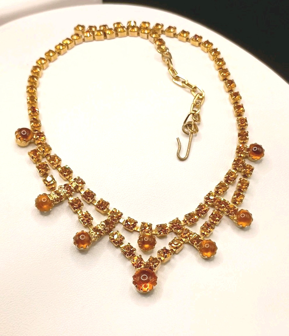 Victorian Revival Amber Color Rhinestone Necklace Regal Collar Gold Tone 16.5″