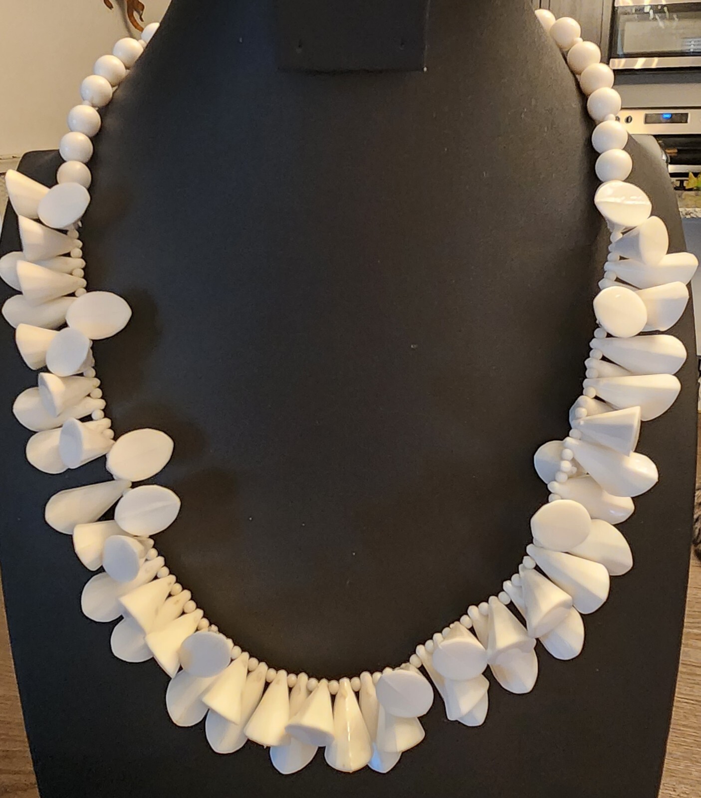 Vintage New Old Stock White Plastic Beaded Statement Necklace Made Hong Kong 24”