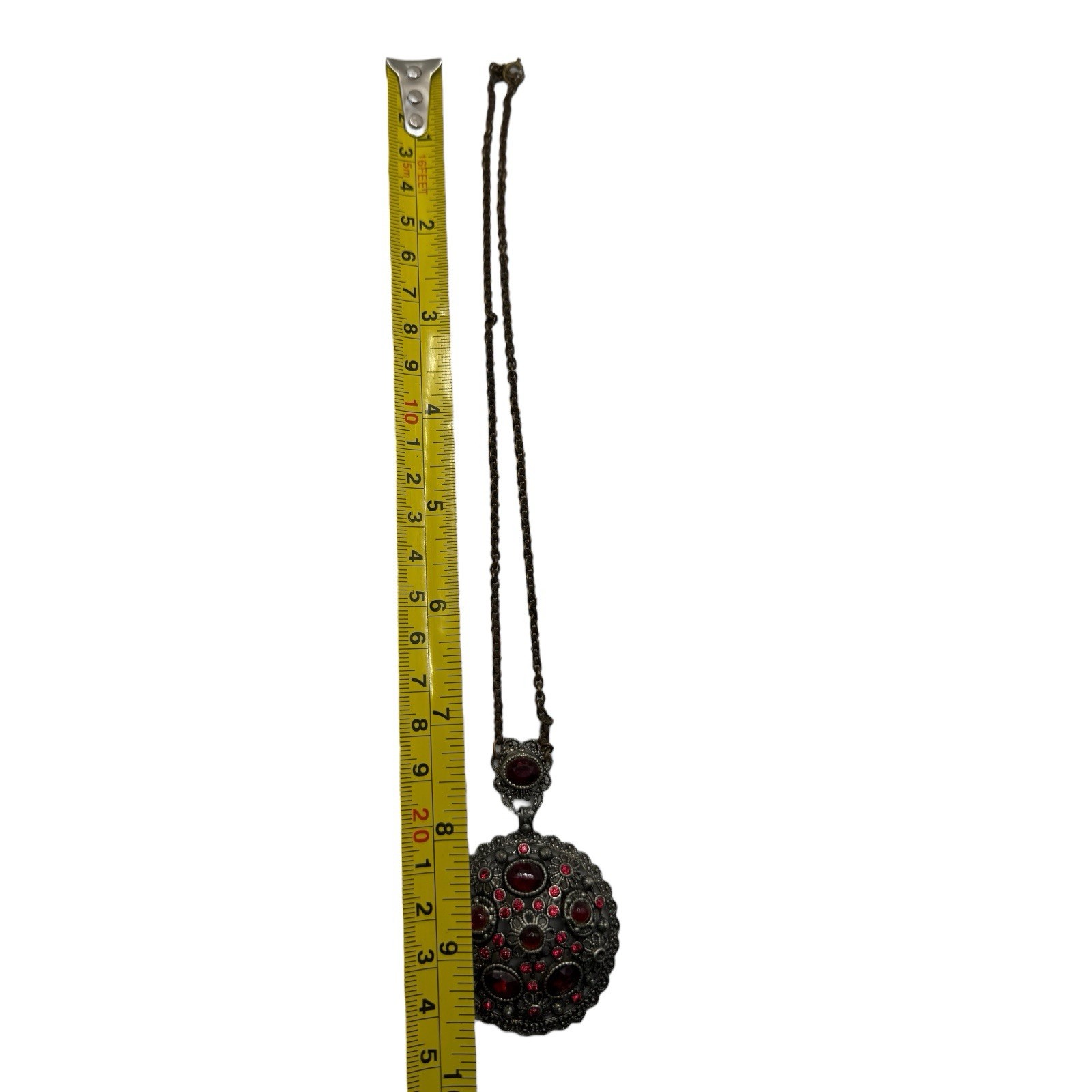Vintage NE Glass Works Filigree Pendant Necklace – Red Glass Stones, Goblet Mark