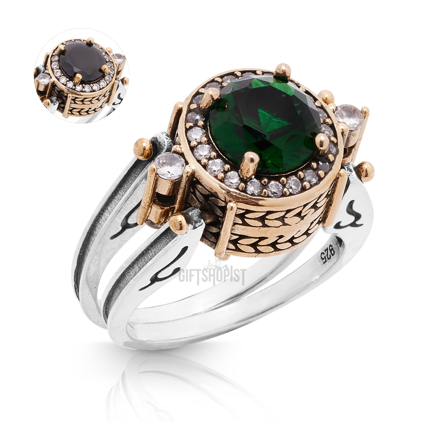 Turkish Reversible Round Emerald and Black Onyx Topaz 925 Sterling Silver Ring