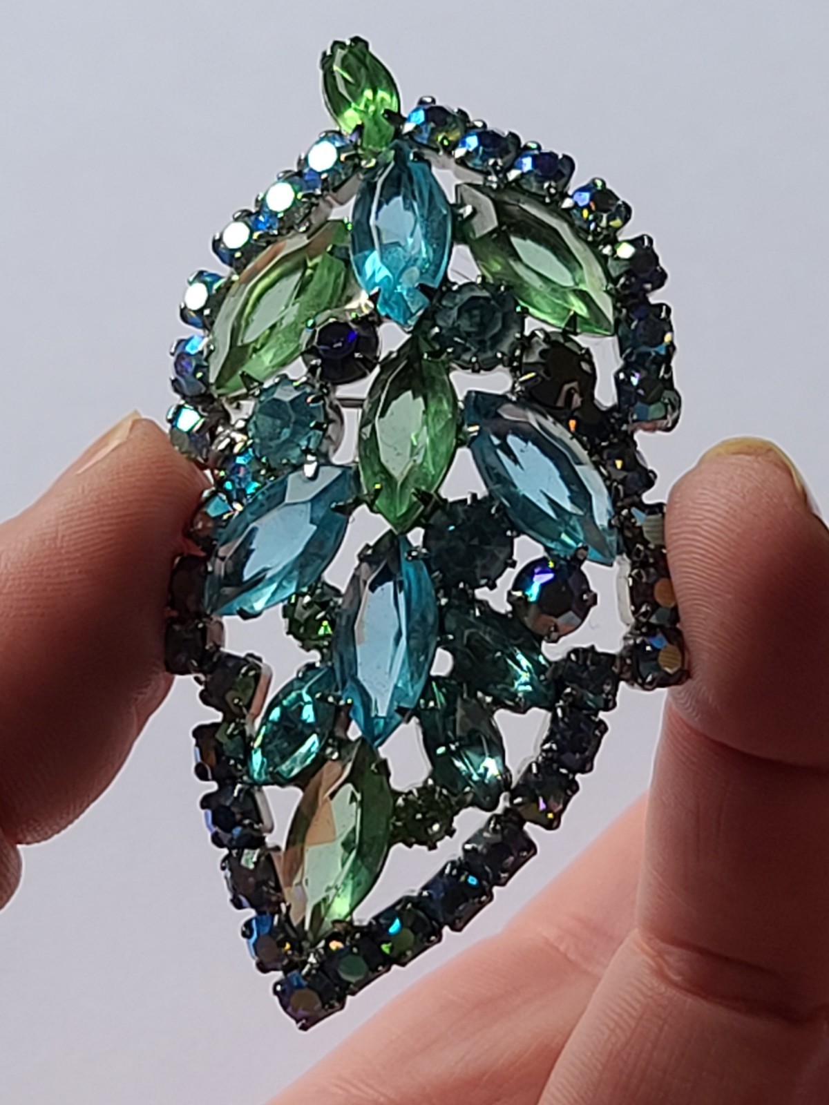 VTG MCM Aque Blue & Lime Green Rhinestone Leaf Brooch Pin (Some AB Finish)