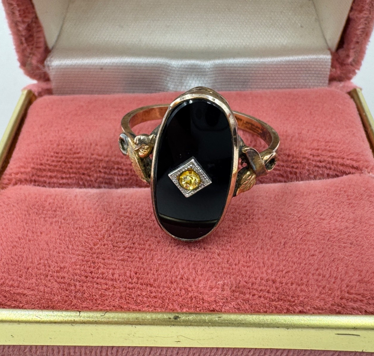 ANTIQUE VICTORIAN RING 10K GOLD FILLED SIGNED HALLMARKED ONYX DIAMOND LARGE 9.25