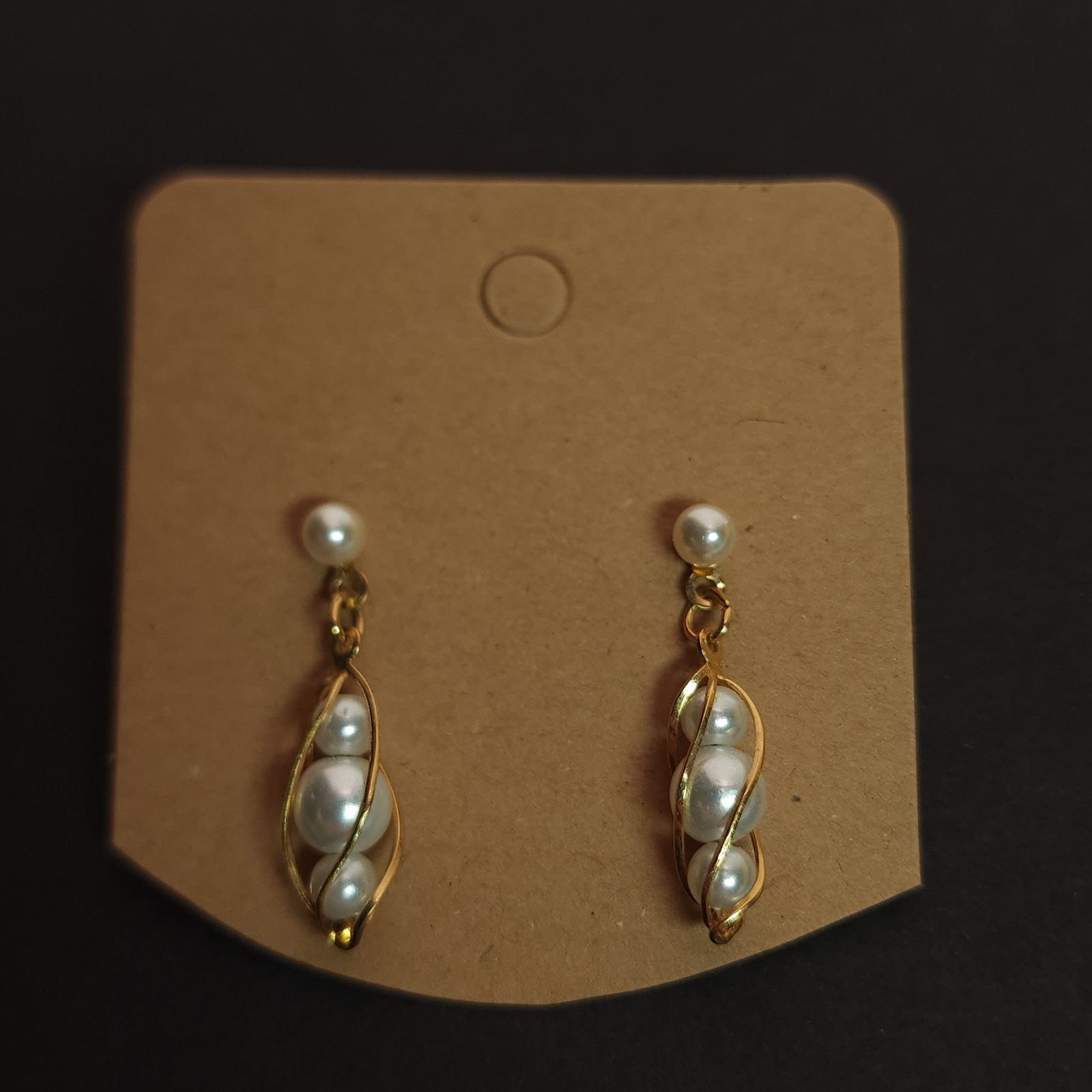 Vintage Gold Tone Twisted Caged Faux Pearl Drop Dangle Earrings Classic Dainty