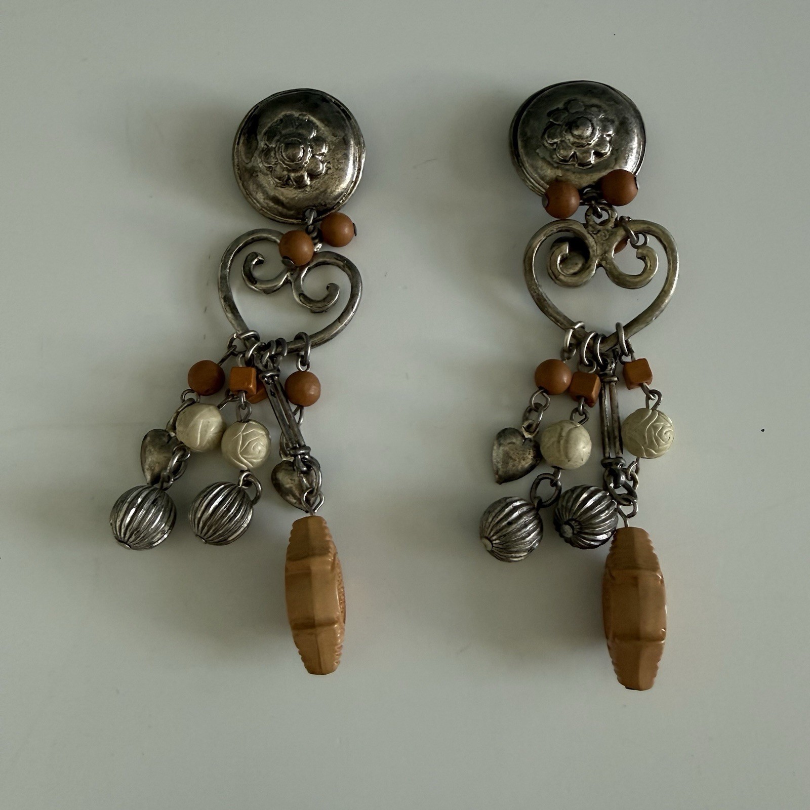 Vintage Beaded Wooden Silvertone Beaded Pins Set of 2 Approximately 4”L
