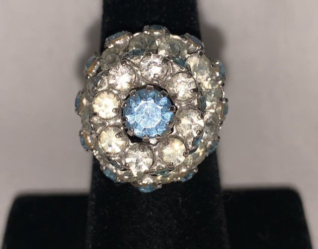 Vintage Silver Tone & Clear/Blue Topaz Rhinestone “Wedding Cake” Ring-Adjustable