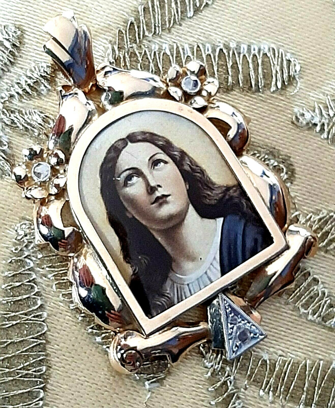 Fine Antique Art Deco 18K 18CT Gold Diamonds Virgen Mary Medal Pendant Ca 1930