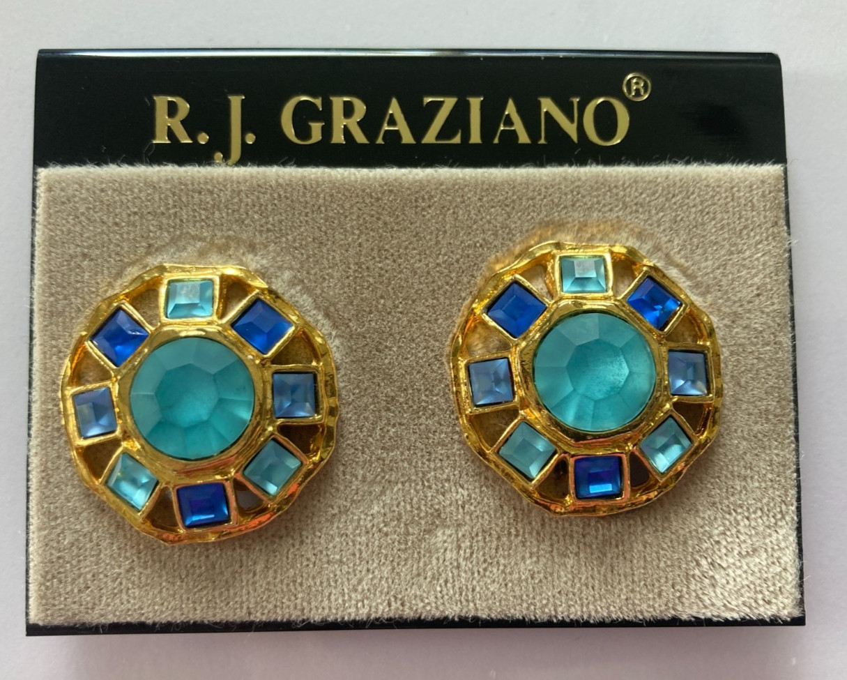 R.J. Graziano Clip on Earrings Blue Stones in Gold Color Setting