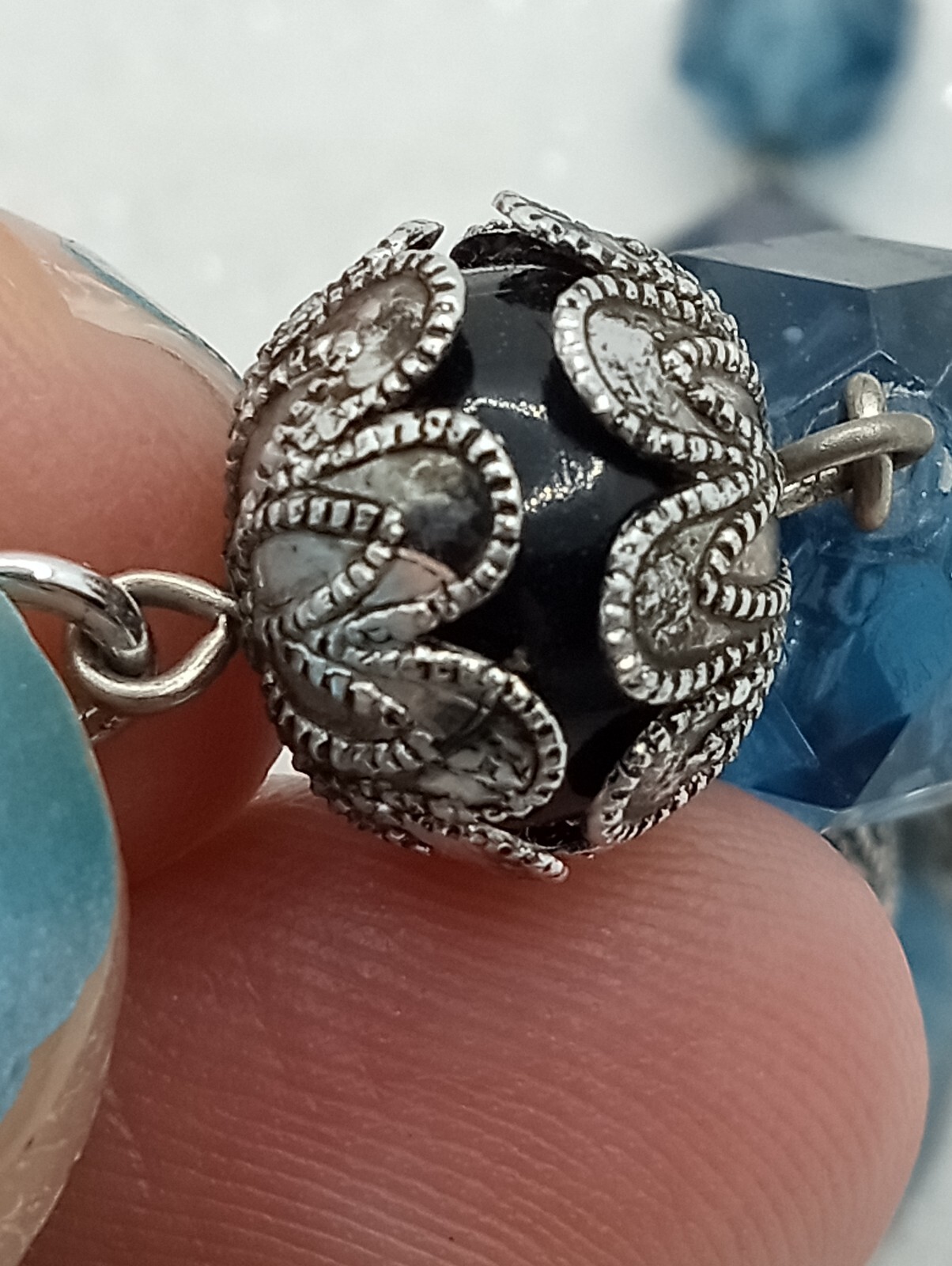 VTG West Germany Blue Necklace Double Strand Swirl Glass Silver Tone 17 -18″