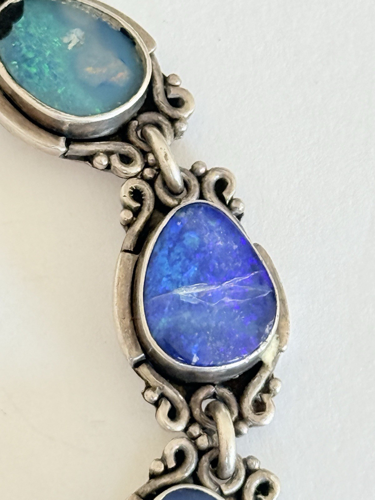 Vintage Sterling Silver Blue Australian Opal Link Bracelet 7”