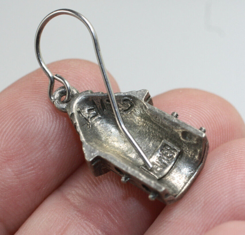 Vintage Clift bird house pewter Dangle Drop hook pierced Earrings