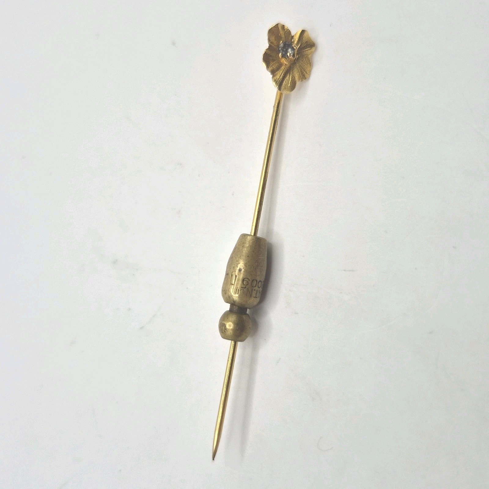 Vintage Yellow Gold Filled GF Unmarked Leaf Flower Rhinestone Stick Lapel Pin