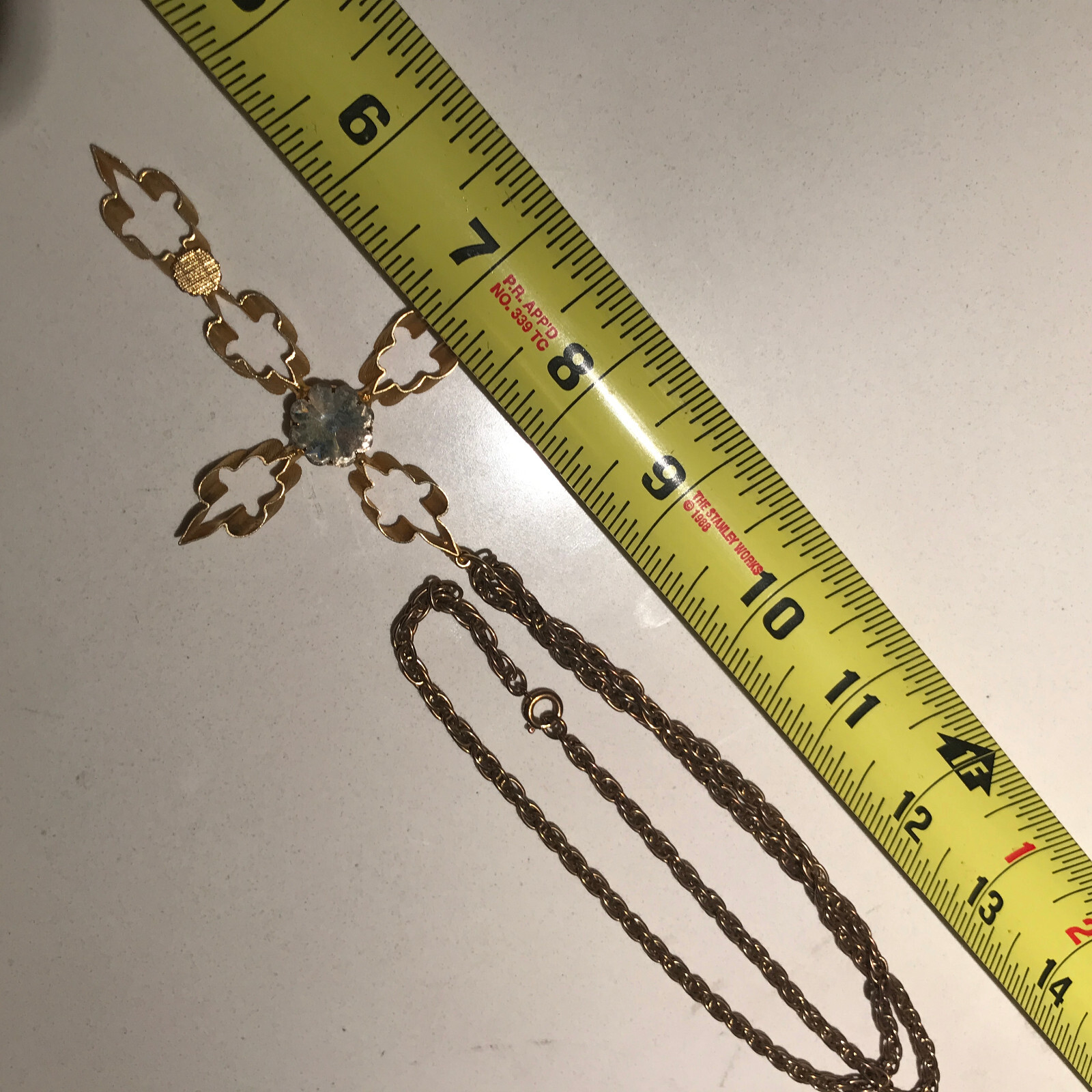 Vintage 3″ Gold Tone Cross 20″ Necklace Simulated Diamond April Birthstone