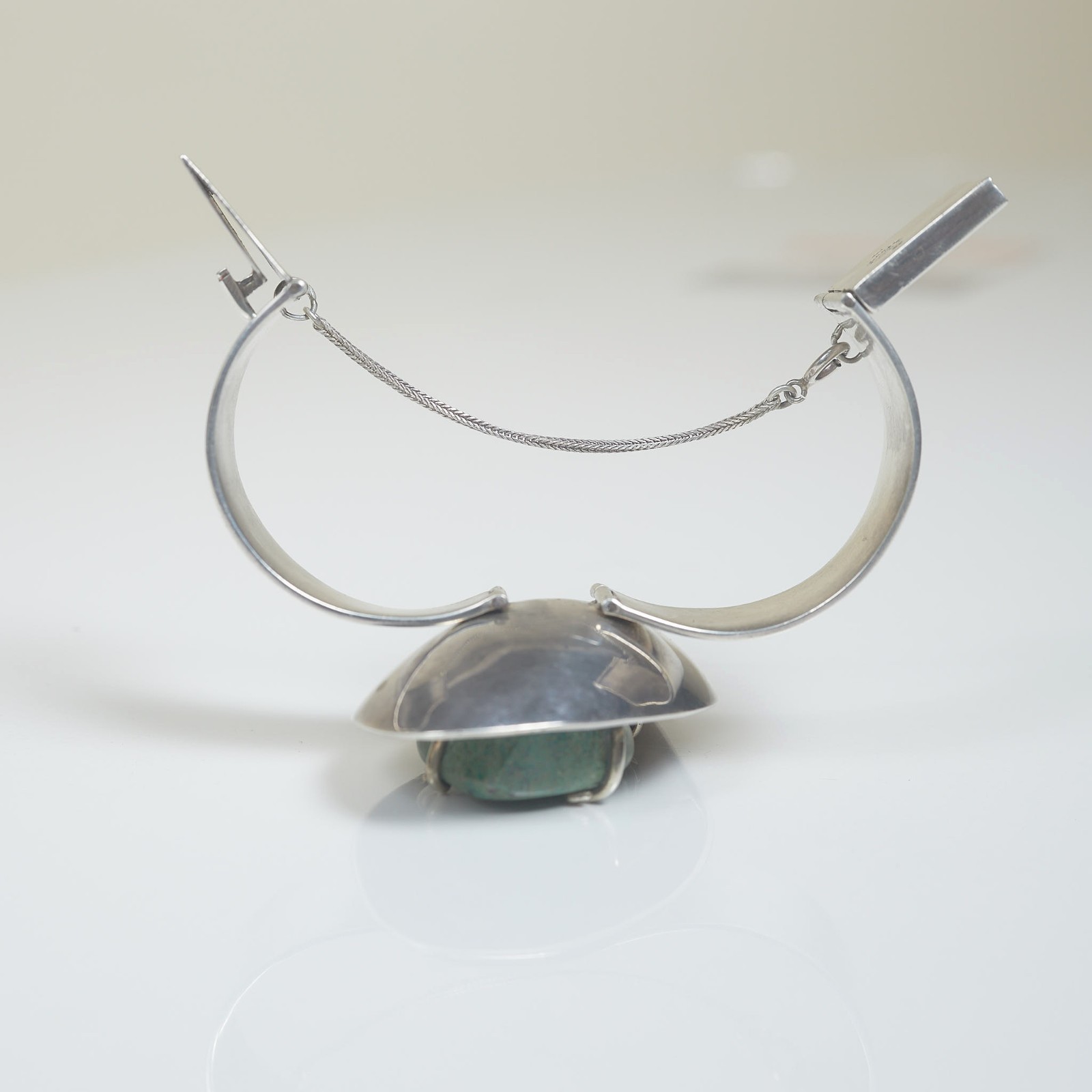 LOS CASTILLO Taxco 50s/60s Sterling Wide Bracelet Green Chalcedony 105g ca. 6.3″